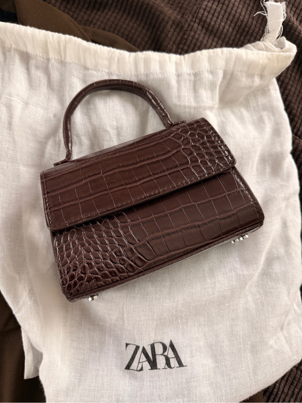 Zara Dark Brown Croc-Embossed Mini Top Handle Bag